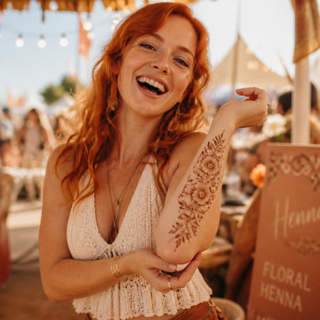 Festival guest showing a fresh floral henna design