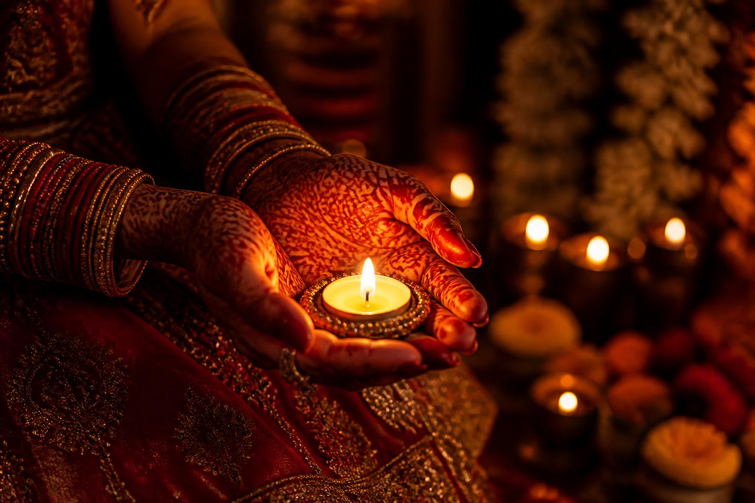Detailed reddish-brown bridal henna designs on a woman's hands